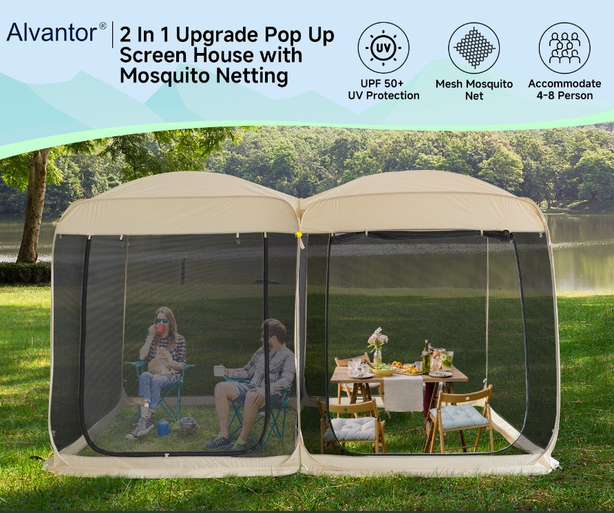 Alvantor 2-in-1 Pop-Up Screen House Gazebo with Mesh Netting 12'x6'x7.5' - 2024 New Upgraded Outdoor Patio Canopy Tent for Camping, Backyard, and Events