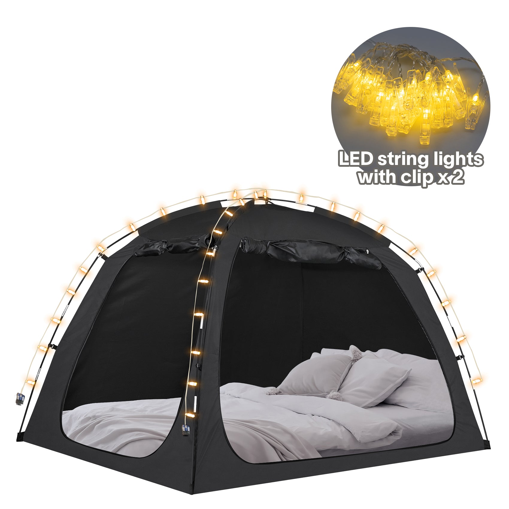 Combo: EighteenTek Privacy Bed Tent with LED String Lights, Portable Bed Canopy, Perfect for Enhancing Sleep and Creating a Cozy Ambiance