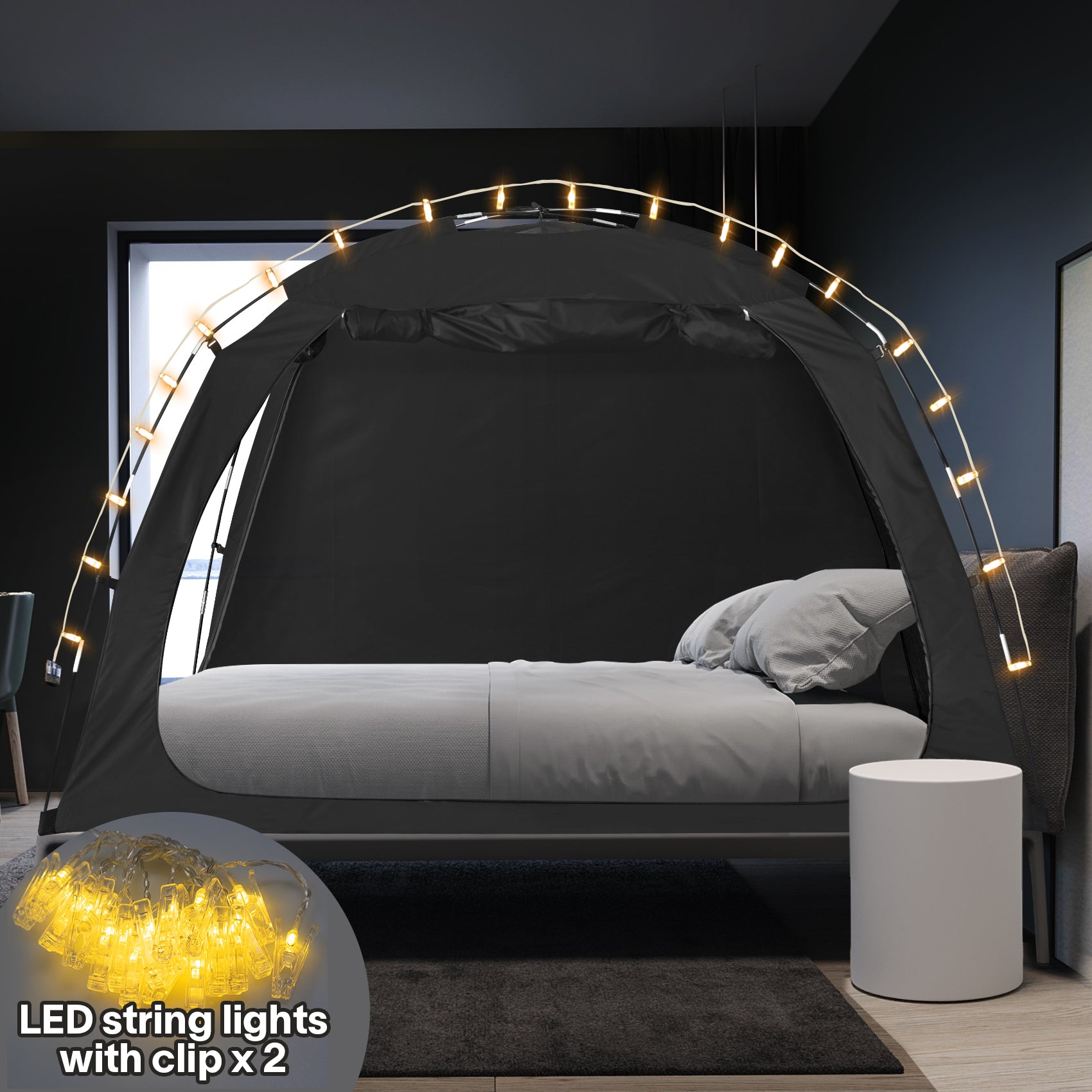 Combo: EighteenTek Privacy Bed Tent with LED String Lights, Portable Bed Canopy, Perfect for Enhancing Sleep and Creating a Cozy Ambiance