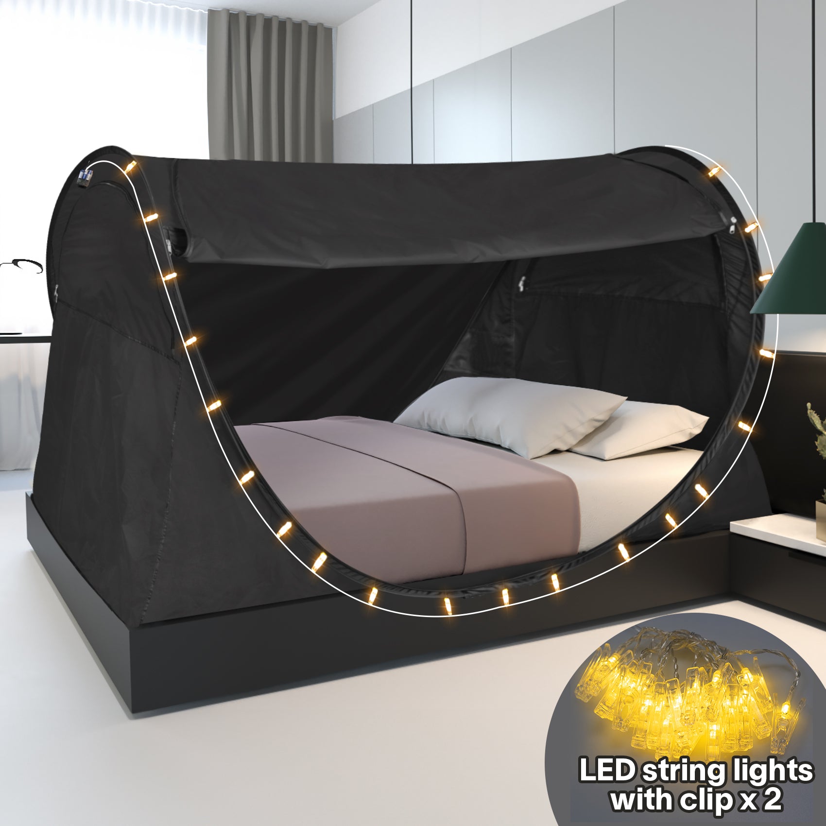 Combo: Alvantor Privacy Bed Tent with LED String Lights- Ideal for Better Sleep and Comfort