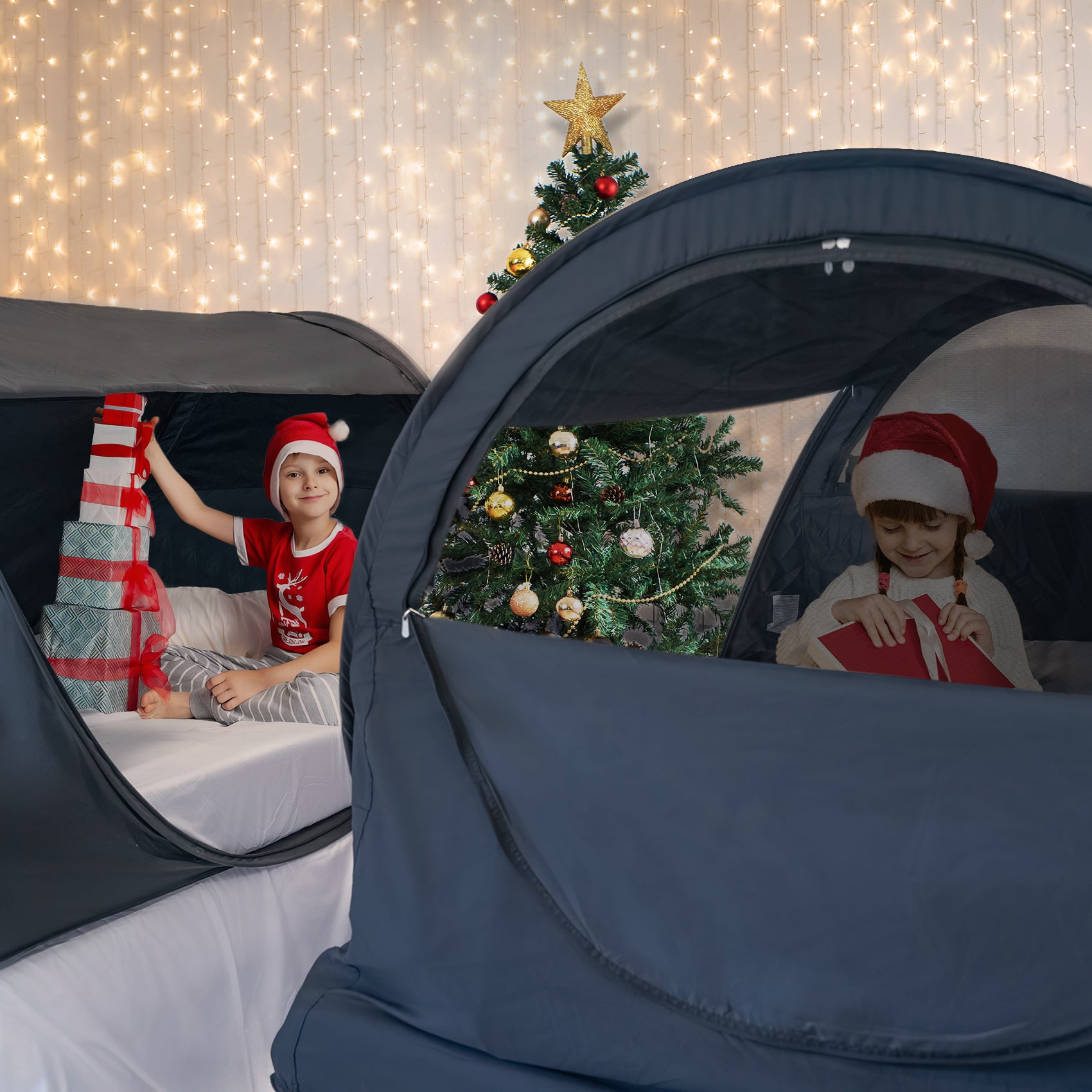 Combo: Alvantor Privacy Bed Tent with LED String Lights- Ideal for Better Sleep and Comfort