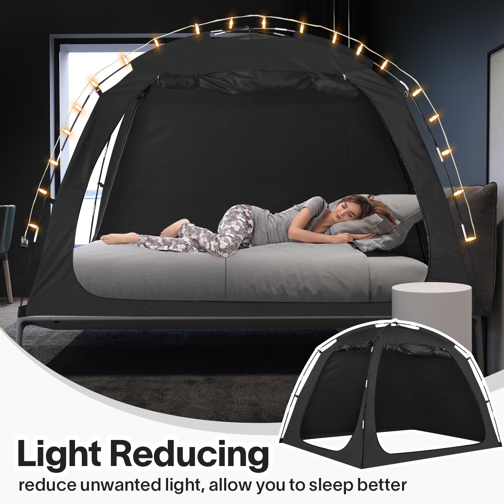 Combo: EighteenTek Privacy Bed Tent with LED String Lights, Portable Bed Canopy, Perfect for Enhancing Sleep and Creating a Cozy Ambiance