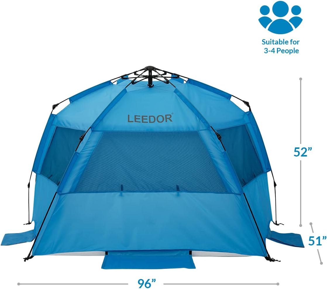 Leedor Beach Tent Sun Shelter Instant Beach Umbrella Easy Cabana with UPF 50+ UV Portable Windproof Pop Up Shade for 3 to 4 Person for Family