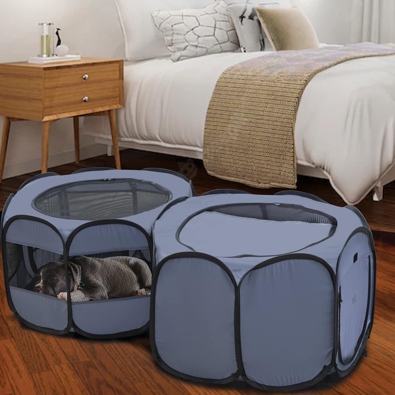 EighteenTek 2 Rooms Portable Pet Cat Playpen for Indoor Cats Enclosed, Portable Foldable Dog Playpen Outdoor Tent Crate Cage with Zipper Top Cover Door for Kitten Puppy Outside Rv Car Camper