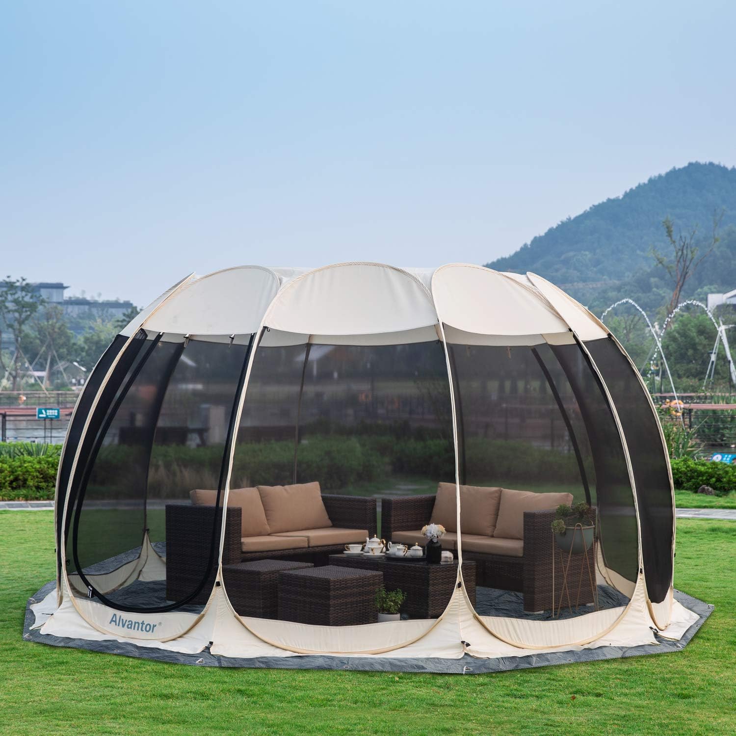 Combo: Alvantor Pop Up Screen House Gazebo Tent with PE Tarp Floor Set -2-15 Person, Ideal for Camping, Beach, and Backyard; Enhanced Cleanliness and Comfort