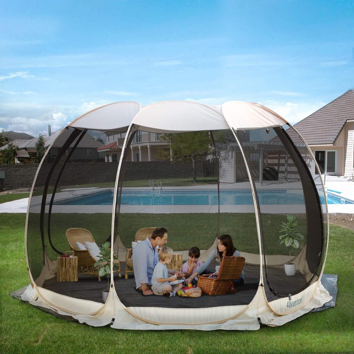 Combo: Alvantor Pop Up Screen House Gazebo Tent with PE Tarp Floor Set -2-15 Person, Ideal for Camping, Beach, and Backyard; Enhanced Cleanliness and Comfort