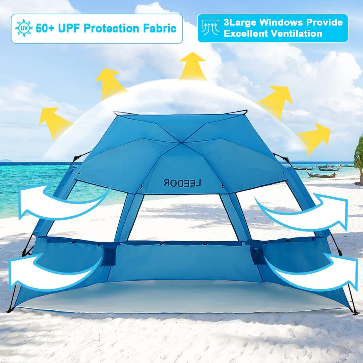 Leedor Beach Tent Sun Shelter Instant Beach Umbrella Easy Cabana with UPF 50+ UV Portable Windproof Pop Up Shade for 3 to 4 Person for Family