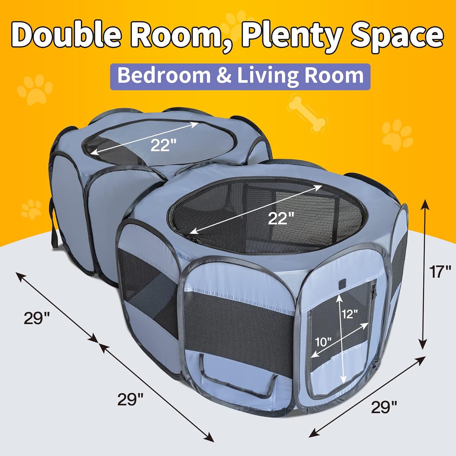 EighteenTek 2 Rooms Portable Pet Cat Playpen for Indoor Cats Enclosed, Portable Foldable Dog Playpen Outdoor Tent Crate Cage with Zipper Top Cover Door for Kitten Puppy Outside Rv Car Camper