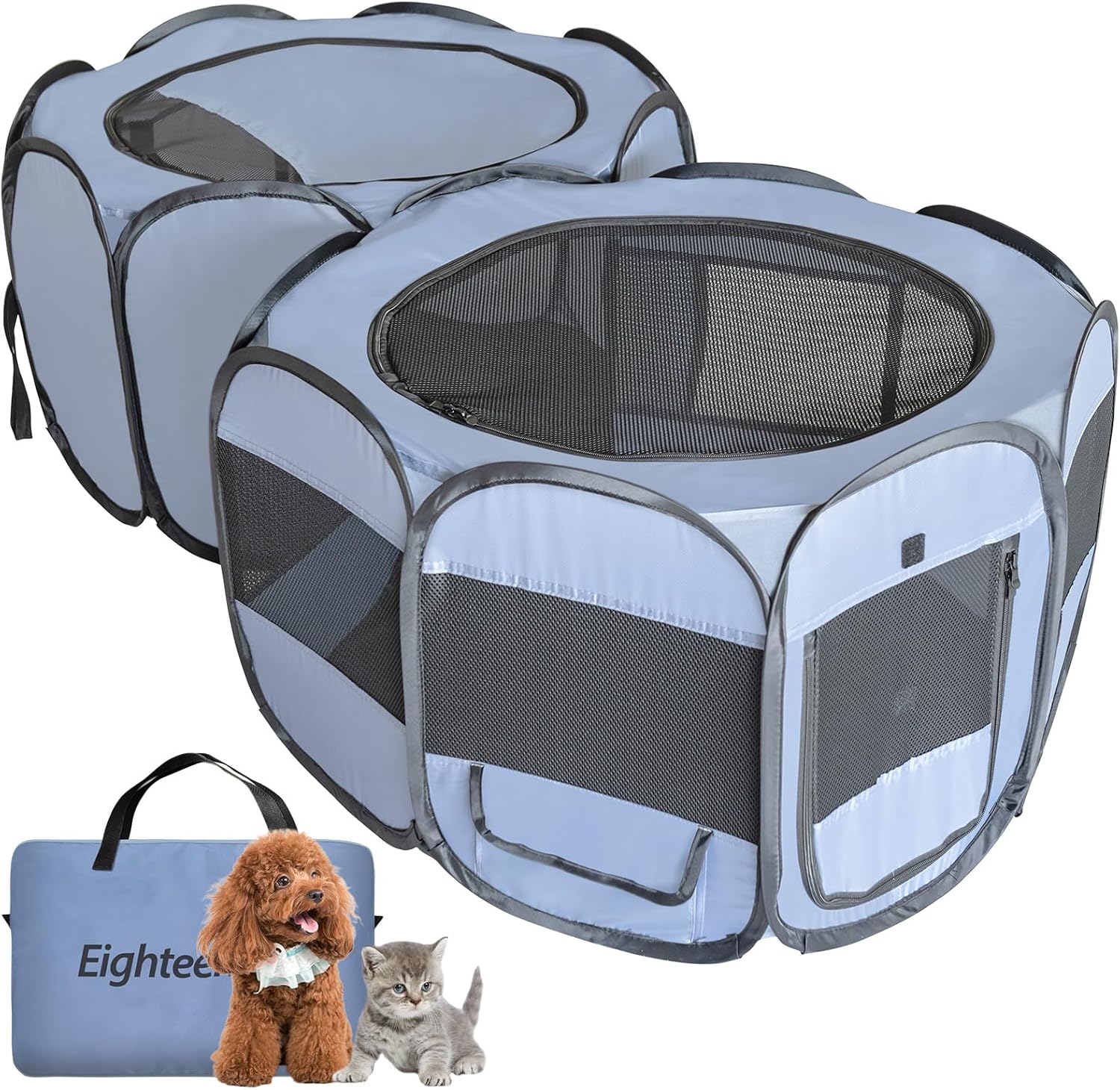 EighteenTek 2 Rooms Portable Pet Cat Playpen for Indoor Cats Enclosed, Portable Foldable Dog Playpen Outdoor Tent Crate Cage with Zipper Top Cover Door for Kitten Puppy Outside Rv Car Camper