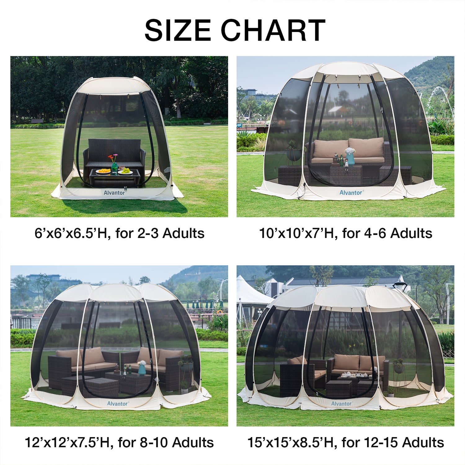 Combo: Alvantor Pop Up Screen House Gazebo Tent with PE Tarp Floor Set -2-15 Person, Ideal for Camping, Beach, and Backyard; Enhanced Cleanliness and Comfort