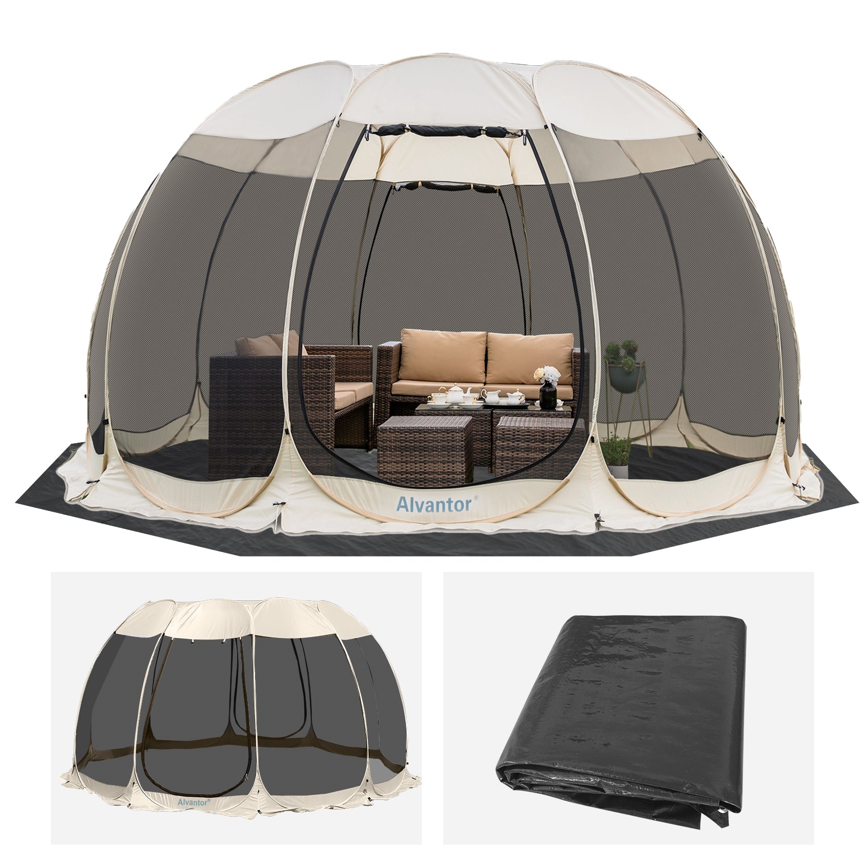 Combo: Alvantor Pop Up Screen House Gazebo Tent with PE Tarp Floor Set -2-15 Person, Ideal for Camping, Beach, and Backyard; Enhanced Cleanliness and Comfort