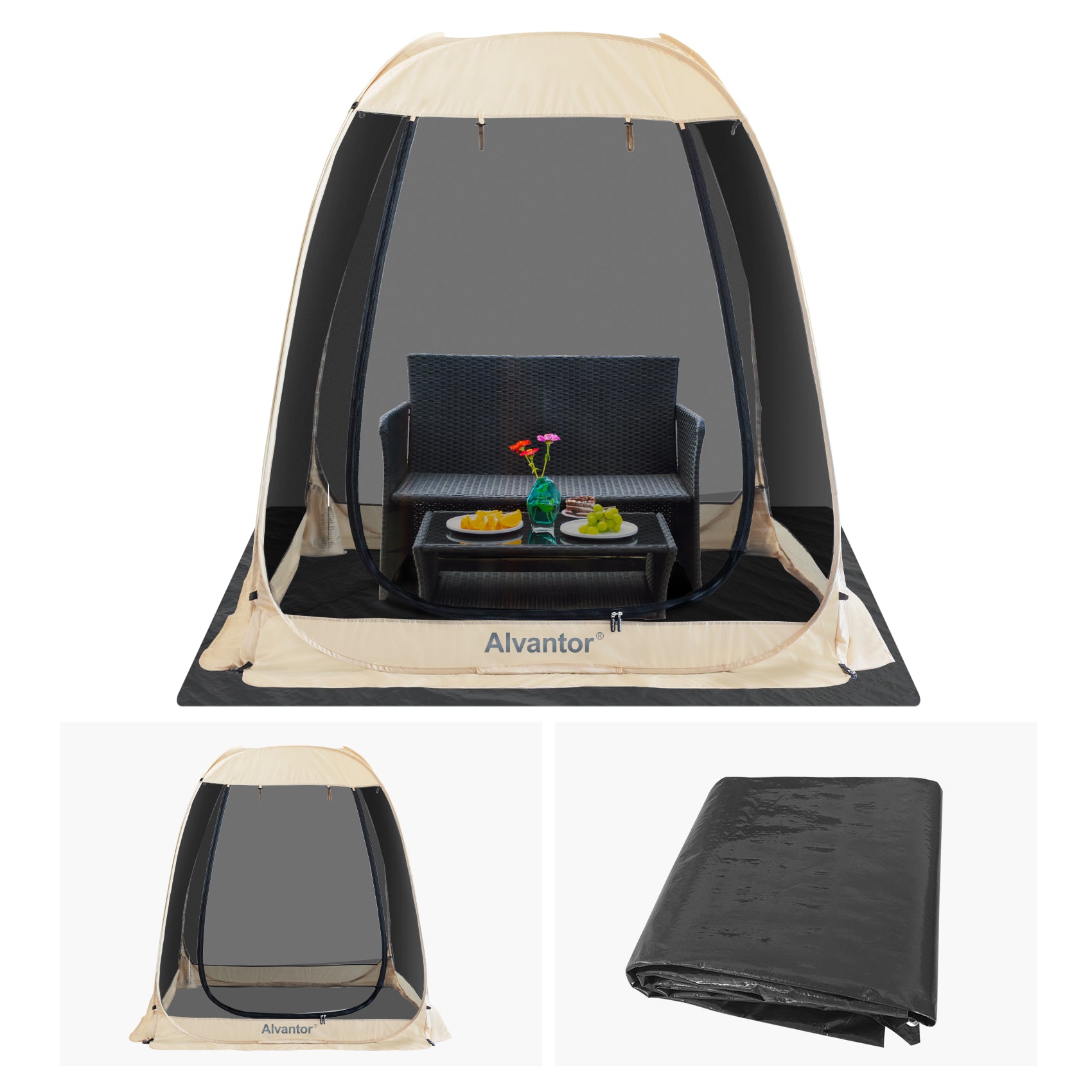 Combo: Alvantor Pop Up Screen House Gazebo Tent with PE Tarp Floor Set -2-15 Person, Ideal for Camping, Beach, and Backyard; Enhanced Cleanliness and Comfort