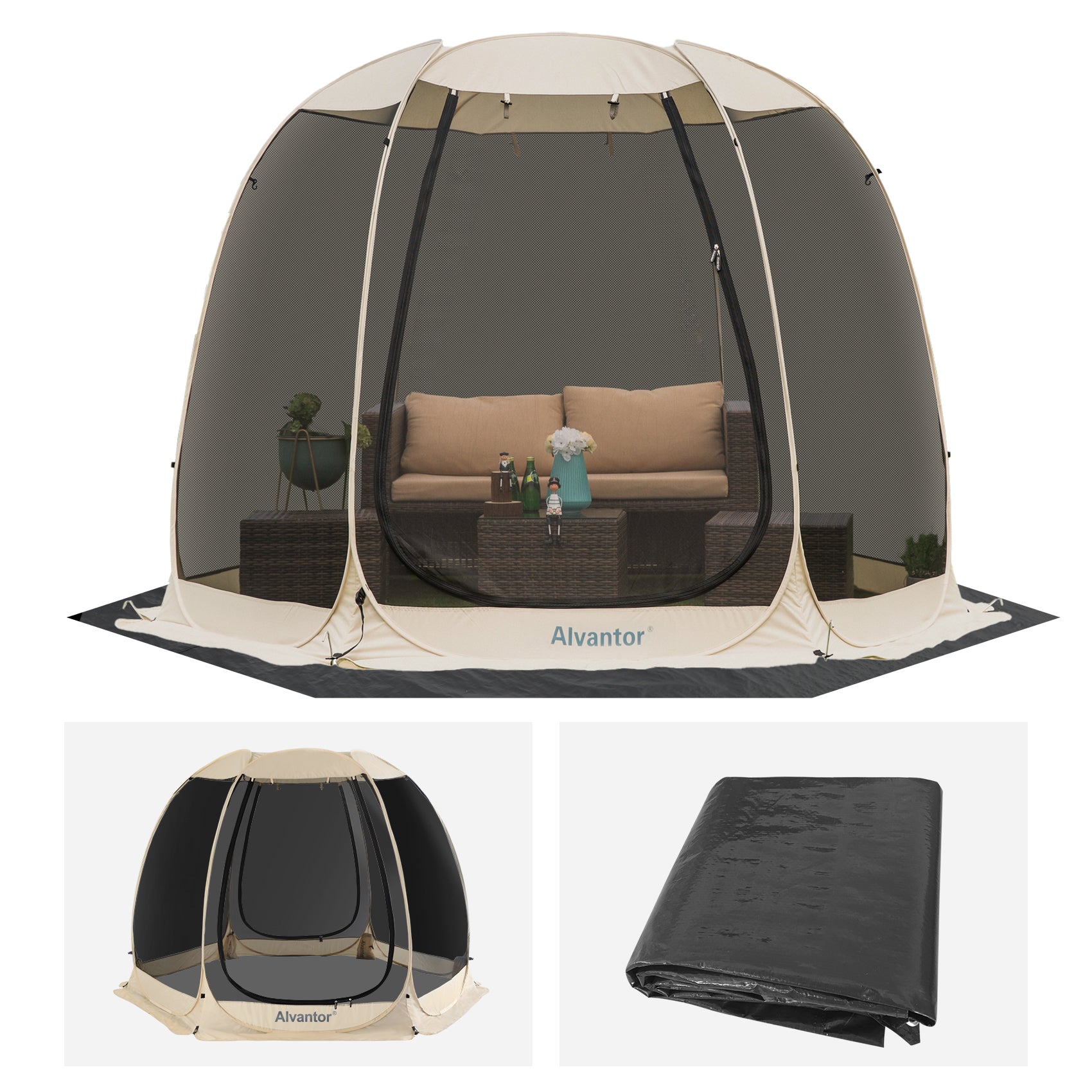 Combo: Alvantor Pop Up Screen House Gazebo Tent with PE Tarp Floor Set -2-15 Person, Ideal for Camping, Beach, and Backyard; Enhanced Cleanliness and Comfort