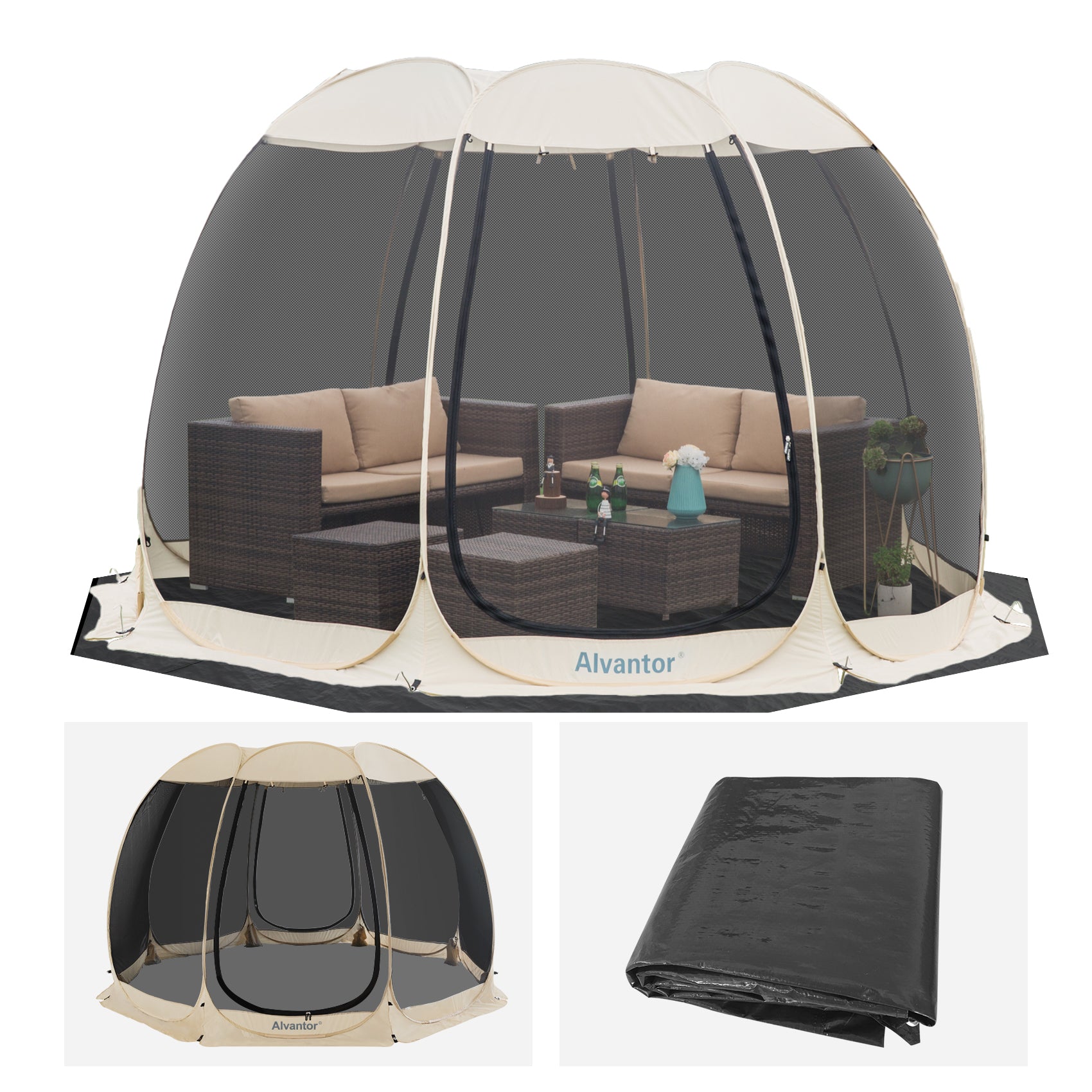 Combo: Alvantor Pop Up Screen House Gazebo Tent with PE Tarp Floor Set -2-15 Person, Ideal for Camping, Beach, and Backyard; Enhanced Cleanliness and Comfort