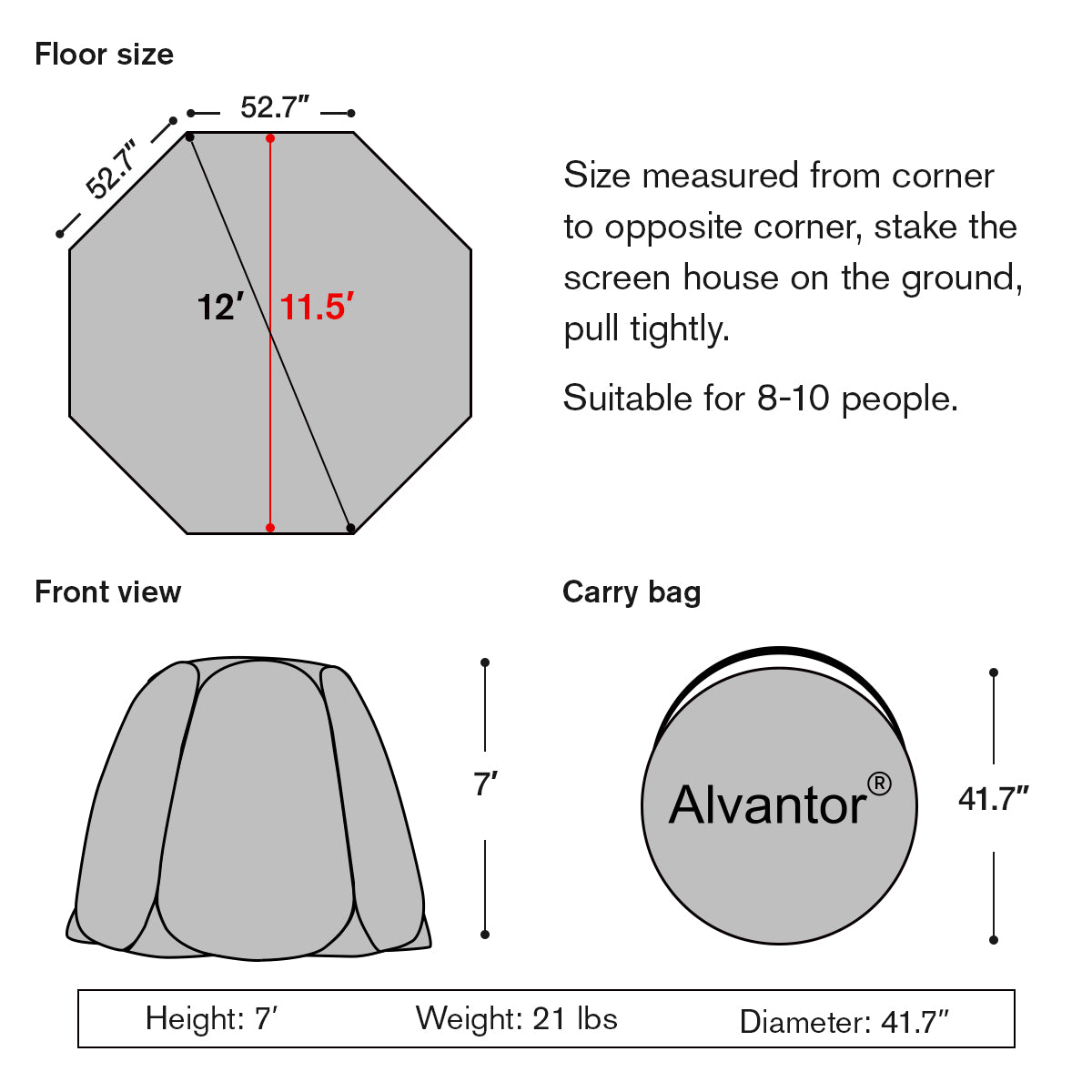 Alvantor 12'x12' Pop Up Screen House Size Chart